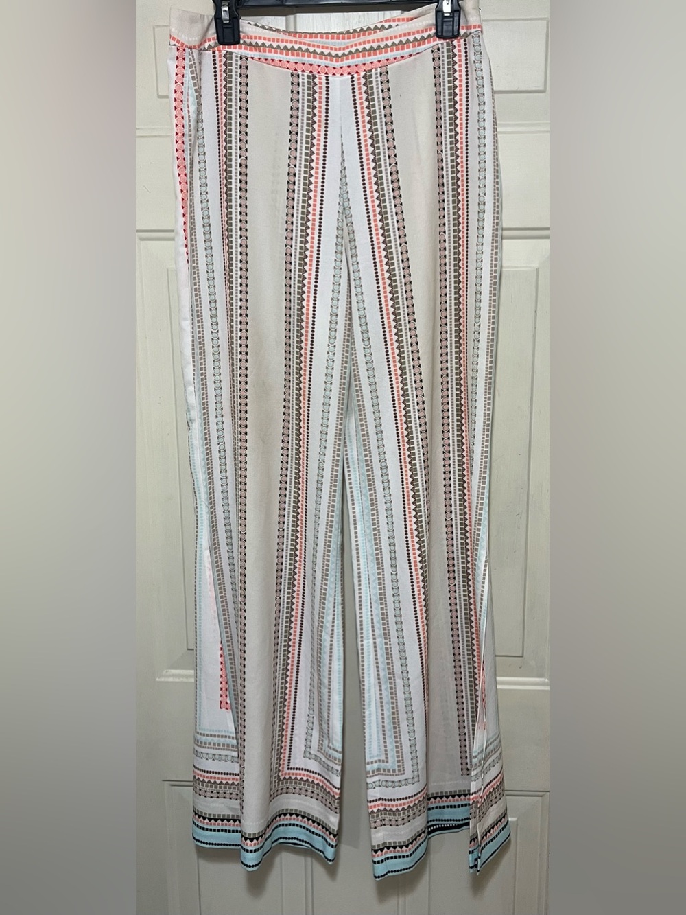 Bisou Bisou Geometric Print Wide Leg Pants Size M Ivory Coral Blue